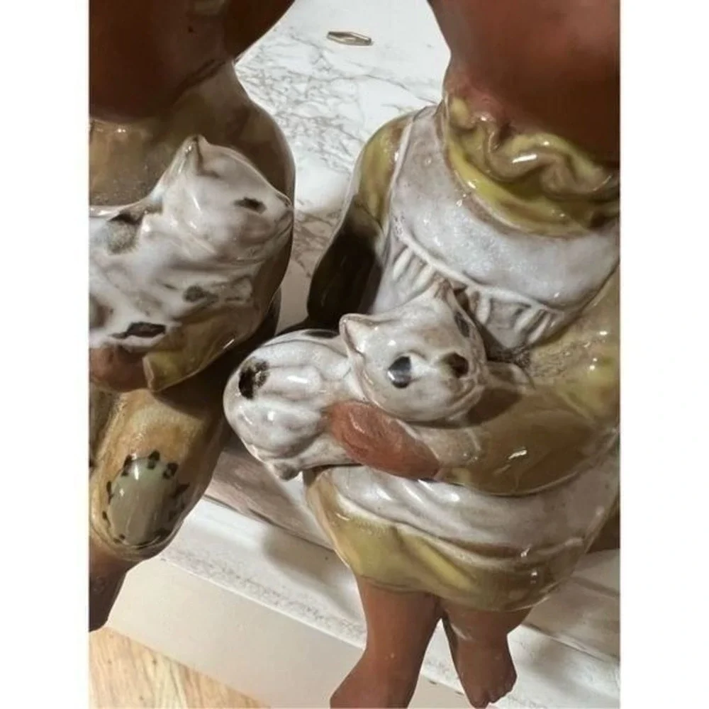 Vintage Handmade Ceramic Seated Boy & Girl with Cats 6